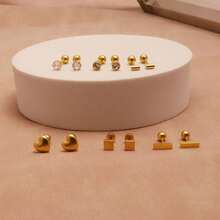 PMKMKM 6對/套時尚不鏽鋼18K金鍍立方氧化鋯心形/棒形/圓形耳釘珠寶套裝 - 金色 - 查看 5