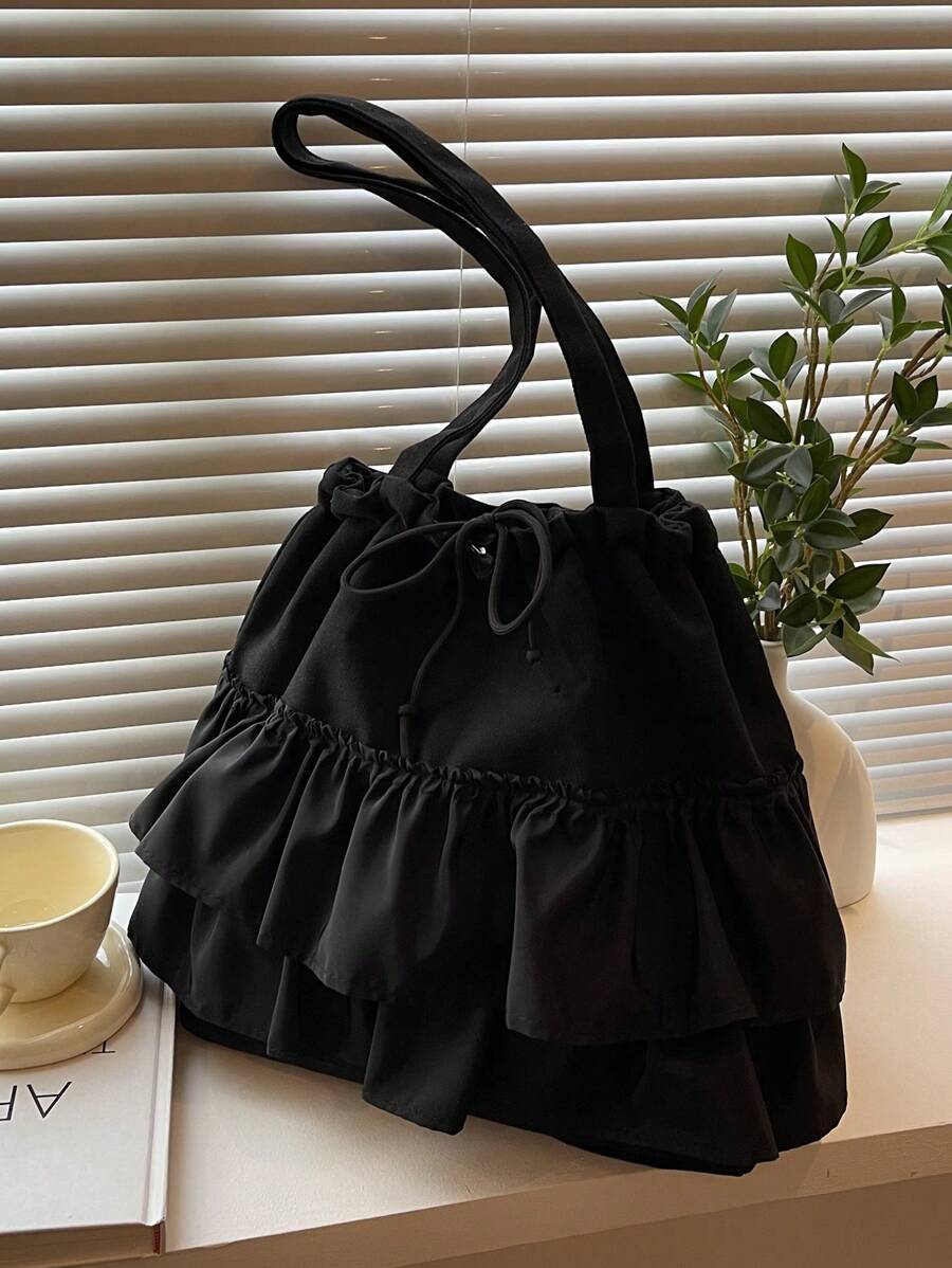 Fashionable Casual Pleated Lace Decorated Drawstring Women Tote Bag For Vacation, Japanese Bag, Literary School Bag For Teens, Book Bag For Women Or Students, Perfect For Books, Shopping, Back To School And More