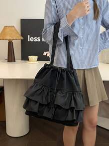 Fashionable Casual Pleated Lace Decorated Drawstring Women Tote Bag For Vacation, Japanese Bag, Literary School Bag For Teens, Book Bag For Women Or Students, Perfect For Books, Shopping, Back To School And More