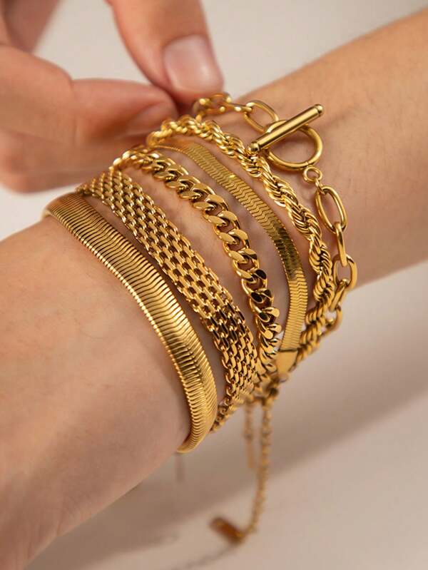 1 pulseira feminina de aço inoxidável em estilo de corrente de elo de largura exagerada da moda Exquisito Textura Metálica Dourada Presente de Praia para Garotas Jóias