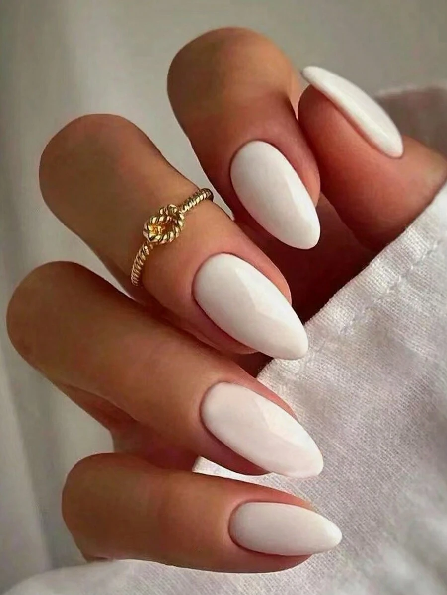 24 móng tay giả ngắn hình quả hạnh nhân màu trắng tinh khiết tối giản kèm giũa móng, 1 gel thạch, phụ kiện làm móng phong cách đơn giản mùa hè