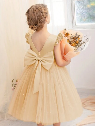 Vestido de fiesta con mangas de vuelo y lazo de malla color caqui para niña, vestido de princesa elegante, adecuado para fiestas de cumpleaños, bodas, bailes de graduación, celebraciones festivas, vestido de niña de las flores