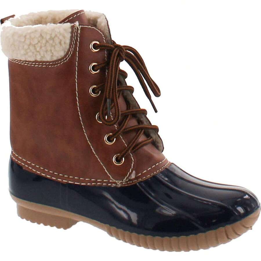 Women's Two Tone Lace Up Ankle Rain Duck Boots - Navy - View 1