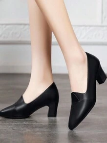 Giày cao gót đế giữa mới Xuân/Thu 2025, Giày cao gót da đa năng, Giày thường ngày bằng da mềm mại dành cho các bà mẹ - màu đen - Xem 6