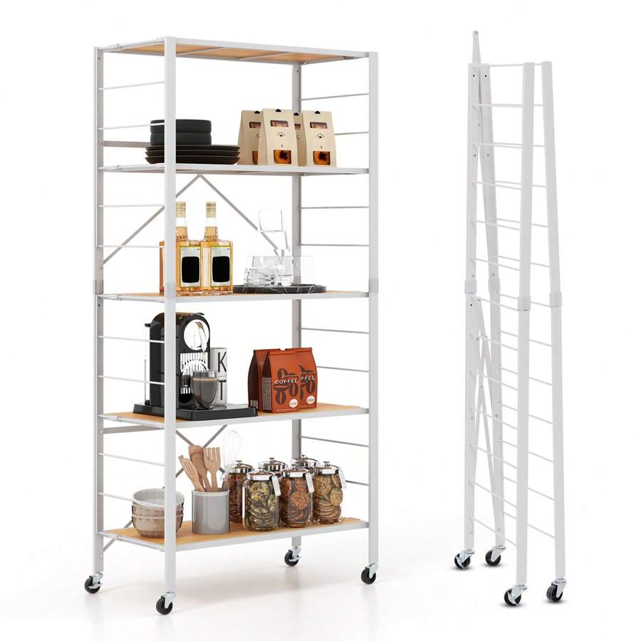 5-Tier Foldable Shelving Unit, Heavy Duty Metal Shelves With Detachable Wheels, Height-Adjustable Shelves, Anti-Toppling System, Portable Storage Rack For Kitchen, Dining Room, Garage, Pantry - Khaki - View 1