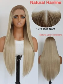 SALLYWELL 灰色漸層長直合成蕾絲前面假髮，預拔毛金色無膠13x4蕾絲前面假髮，耐高溫 - 漸變金色 - 查看 7