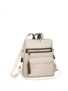 ZMBAG Women's Designer Fringe Zipper Square Backpack, Simple Flap Backpack With Large Capacity, College Student Backpack - Beige - View 5