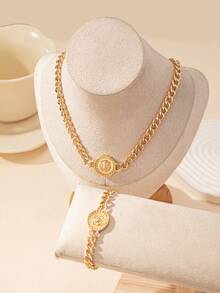 1套歐美時尚珠寶，金色圓形獅頭項鍊和手鐲套裝適用於女性，適合日常穿著和派對佩戴 - 金黃色 - 查看 2