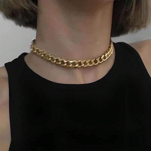 1pc Minimalist Waterproof Hip Hop Choker Necklaces 9MM 18K Gold Plated Stainless Steel Cube Chain Necklace Mother's Day Gift Women Party Chunky Jewelry