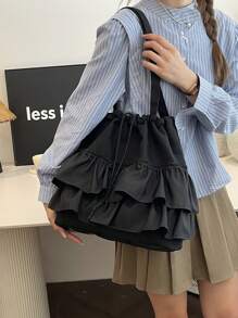Fashionable Casual Pleated Lace Decorated Drawstring Women Tote Bag For Vacation, Japanese Bag, Literary School Bag For Teens, Book Bag For Women Or Students, Perfect For Books, Shopping, Back To School And More