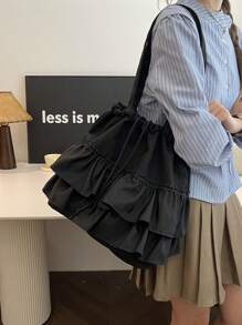 Fashionable Casual Pleated Lace Decorated Drawstring Women Tote Bag For Vacation, Japanese Bag, Literary School Bag For Teens, Book Bag For Women Or Students, Perfect For Books, Shopping, Back To School And More