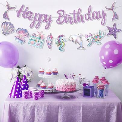 1 pieza Bandera de pancarta de cumpleaños de dinosaurio sirena morada, decoración de fondo de pared para fiesta de cumpleaños con tema de sirena morada, suministros de fiesta de estilo de sirena talla grande populares, regalo de cumpleaños, decoración de cumpleaños, decoración de pared del hogar