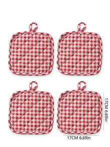 2pcs/4pcs Heat Resistant Pot Holder, Checkered Square Insulation Pad, Multi-Functional Quilted Insulation Mat For Kitchen, Dining Room, Tabletop, Baking - Red - View 3