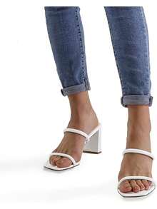 RoseRemy Women's 3 Inch Block Heel Square Toe Sandals Two Straps Mules Backless Slip On Dress Shoes - trắng - Xem 5