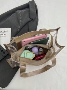1 pieza Bolso de tote de hombro de gran capacidad transparente de PVC para uso diario de las mujeres - Caqui - Ver 7