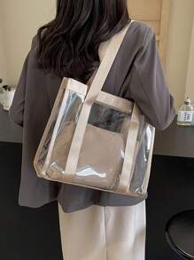 1 pieza Bolso de tote de hombro de gran capacidad transparente de PVC para uso diario de las mujeres - Caqui - Ver 2