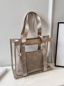 1 pieza Bolso de tote de hombro de gran capacidad transparente de PVC para uso diario de las mujeres - Caqui - Ver 1