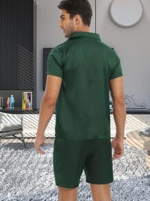 2pcs Men's Imitation Silk Satin Short Sleeve Pajama Set, Including Short Sleeve Top And Shorts, For Spring And Summer - Army Green - View 4
