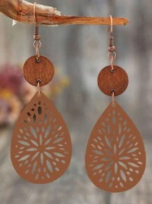 1對女性復古波西米亞風格中空花卉皮革和木製垂墜耳環（多色水滴形）