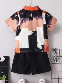 Young Boy Summer Outfits With Ink Printed Button Up Shirt And Shorts, Handsome And Stylish 2pcs Set For Children - Black and White - View 2
