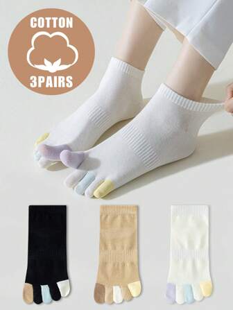 3 Pairs Women's Cotton Solid Color Contrast Toe Split Design Waist Cinched Fashionable Versatile Casual College Style Breathable Moisture-Wicking Ankle Socks, Suitable For Spring/Autumn
