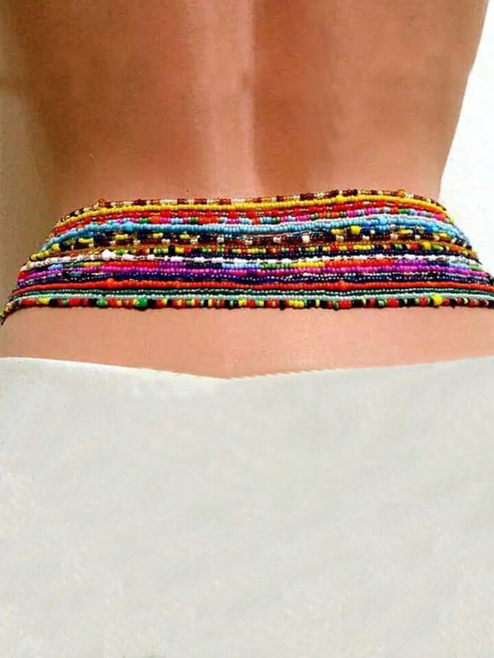 10pcs Set Fashionable Bohemian Style Random Mixed Color Acrylic Beads Waist Chain Elastic Slimming Belt Women Gift For Beach Daily Bikini Accessories Body Jewelry SHEIN USA