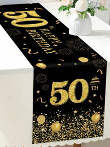 1pc Black Gold Polyester Table Runner, Rhinestone Balloon Pattern Birthday Table Runner For 50th Birthday Party Decor Supplies - Black Gold - View 1