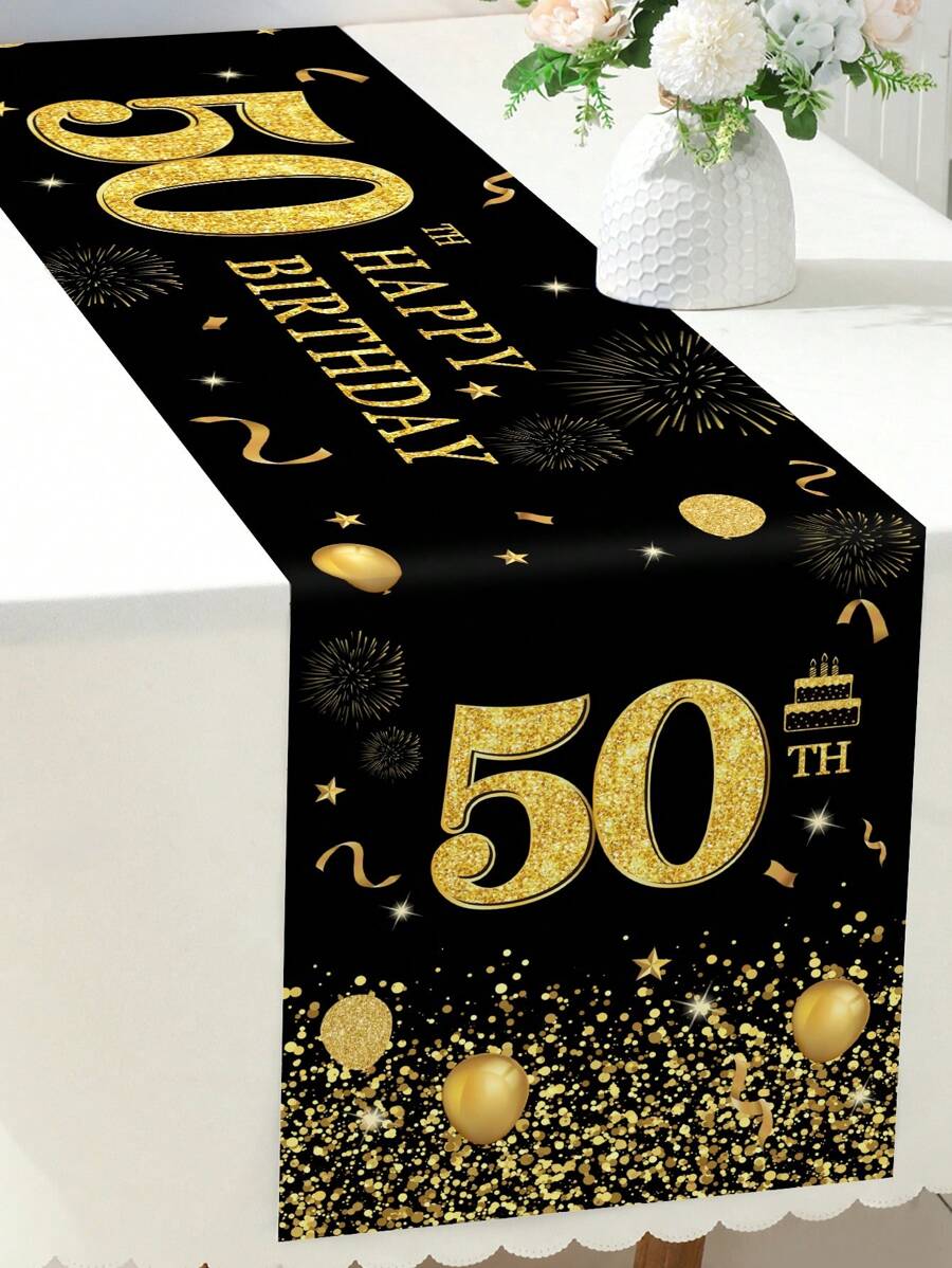 1pc Black Gold Polyester Table Runner, Rhinestone Balloon Pattern Birthday Table Runner For 50th Birthday Party Decor Supplies - Black Gold - View 1