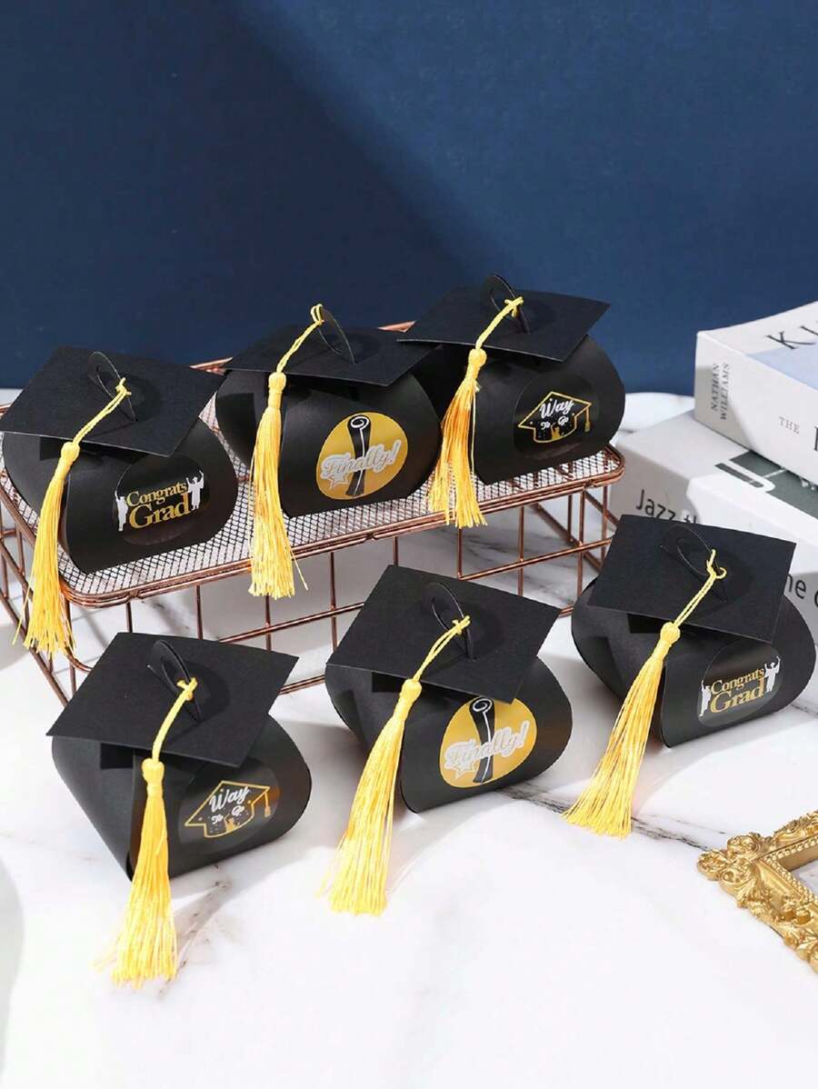 Caja de dulces de graduación con diseños de birrete universitario en juego de 12 para decoración de fiesta de celebración de graduación y recuerdo para invitados - Negro - Ver 1