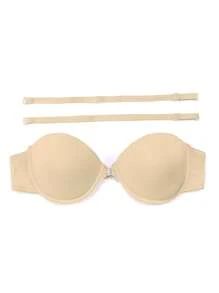 1pc Women Solid Color Semi Cup Bra With Removable Straps, Front & Back Double Hook, Molded Cups, Perfect For Party Dress, Off-Shoulder And Backless Clothes, Lingerie - Beige - View 6