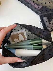 1个/5个装印花网眼化妆包，心形化妆包，植绒透明收纳袋，大容量化妆包，便携式化妆品收纳包，口红零钱包，洗漱包，旅行手提包，女士口红小包，网眼化妆包，贝壳包，镂空洗漱包，心形印花透明网眼化妆包，旅行洗漱包，化妆包，文具旅行必备化妆包，假日必备化妆包，化妆包，化妆品收纳包，假日冬季化妆品收纳包，化妆品收纳，返校用品 - 黑色 - 查看 3