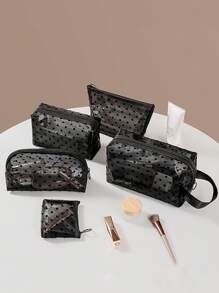 1个/5个装印花网眼化妆包，心形化妆包，植绒透明收纳袋，大容量化妆包，便携式化妆品收纳包，口红零钱包，洗漱包，旅行手提包，女士口红小包，网眼化妆包，贝壳包，镂空洗漱包，心形印花透明网眼化妆包，旅行洗漱包，化妆包，文具旅行必备化妆包，假日必备化妆包，化妆包，化妆品收纳包，假日冬季化妆品收纳包，化妆品收纳，返校用品 - 黑色 - 查看 4