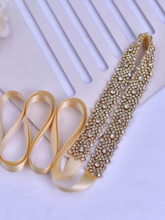 1pc Luxury Handmade Gold Rhinestone Bridal Sash, Elegant Wedding Dress Belt, Suitable For Wedding, Formal Dress, Party, Christmas Gift