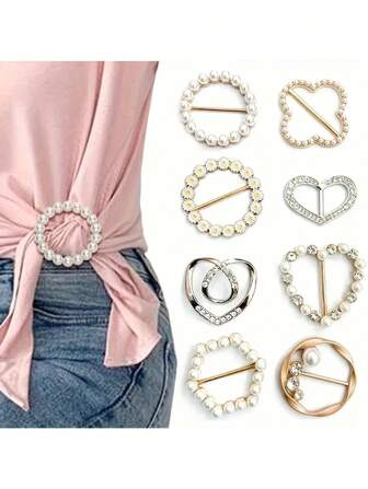 8pcs Faux Pearl Brooch Hollow Heart-Shaped Brooch Coat Sweater Badge Pin Clothing Accessories