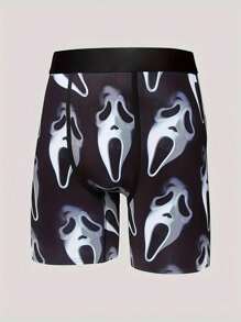 男士长款创意数码印花尖叫图案运动拳击骑行宽松短裤 - 黑與白 - 查看 3