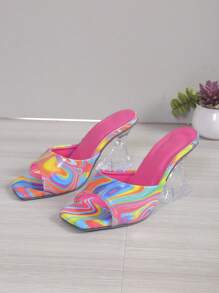 女士时尚彩绘高跟凉鞋，时尚派对露趾一脚蹬红色高跟凉鞋 - 紅色 - 查看 5