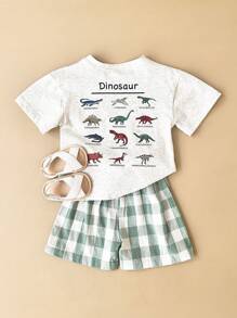 2pcs Baby Boy Casual Dinosaur Printed Short Sleeve T-Shirt And Plaid Shorts Set For Summer