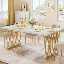 Tribesigns Modern Dining Table For 4-6 People, 63" Large Rectangular Kitchen Table With Faux Marble Tabletop And Gold Geometric Legs, Unique Dinner Table Kitchen & Dining Room Furniture, Decor Home Furniture, White And Gold - White & Gold - View 11