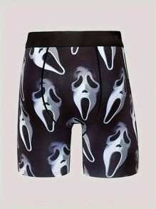 男士长款创意数码印花尖叫图案运动拳击骑行宽松短裤 - 黑與白 - 查看 2