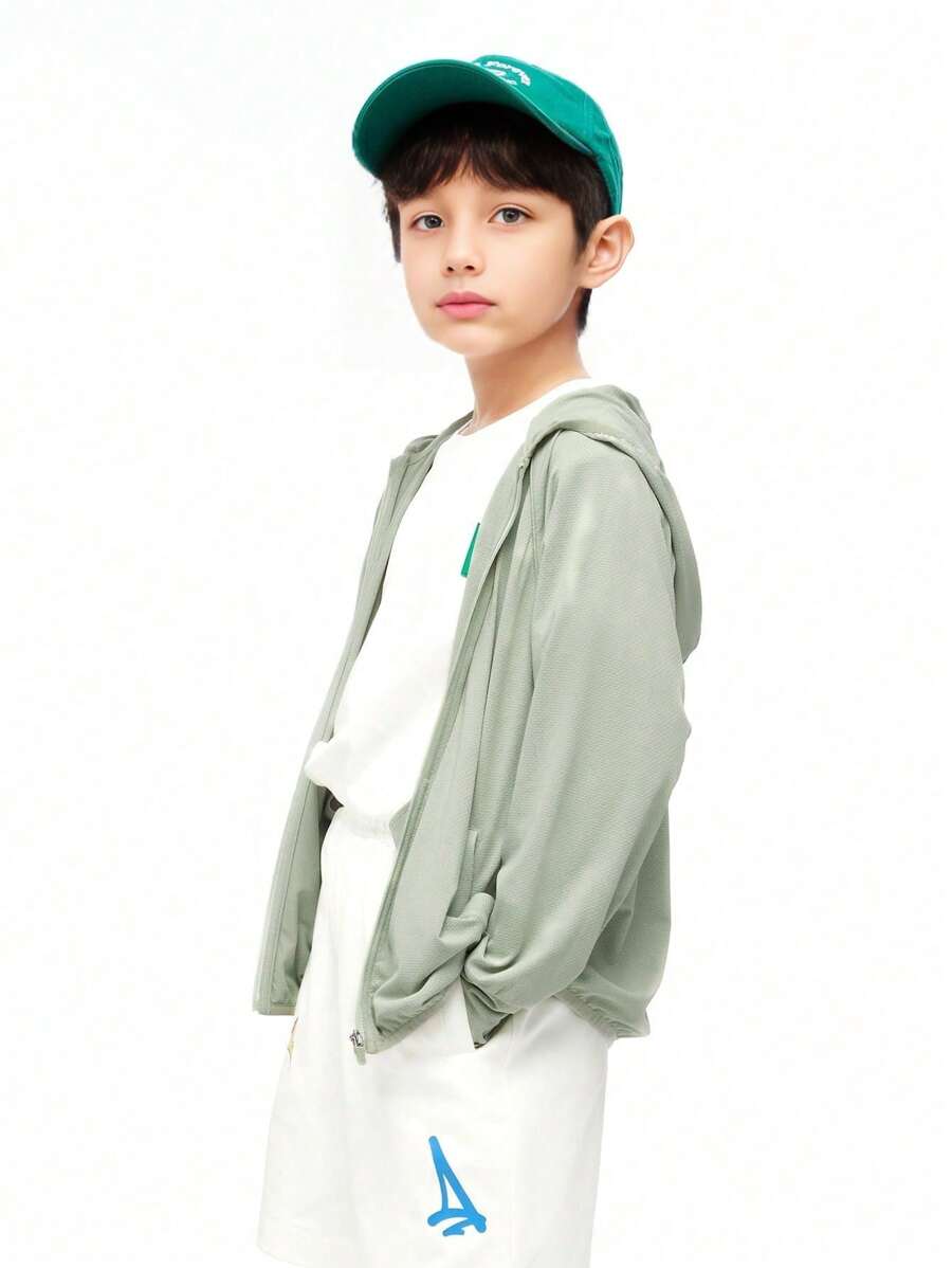 Annil Tween Girl 夏季简约运动透气防晒连帽外套 绿色