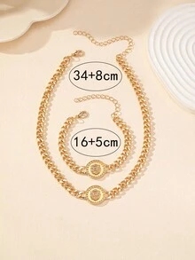 1套歐美時尚珠寶，金色圓形獅頭項鍊和手鐲套裝適用於女性，適合日常穿著和派對佩戴 - 金黃色 - 查看 6