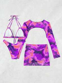 Conjunto De Bikini De Varios Piezas Con Estampado Floral,Sujetador Con Cordones Y Bottom Fruncida,Conjunto De Tankini Fruncido Con Cordón Y Estampado Floral,Traje De Baño Separado De Varias 4 Piezas - Morado - Ver 6