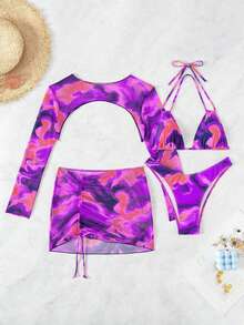Conjunto De Bikini De Varios Piezas Con Estampado Floral,Sujetador Con Cordones Y Bottom Fruncida,Conjunto De Tankini Fruncido Con Cordón Y Estampado Floral,Traje De Baño Separado De Varias 4 Piezas - Morado - Ver 5