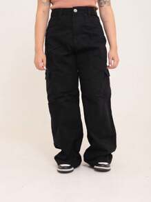 Wide Leg Cargo Jeans - Black - View 1