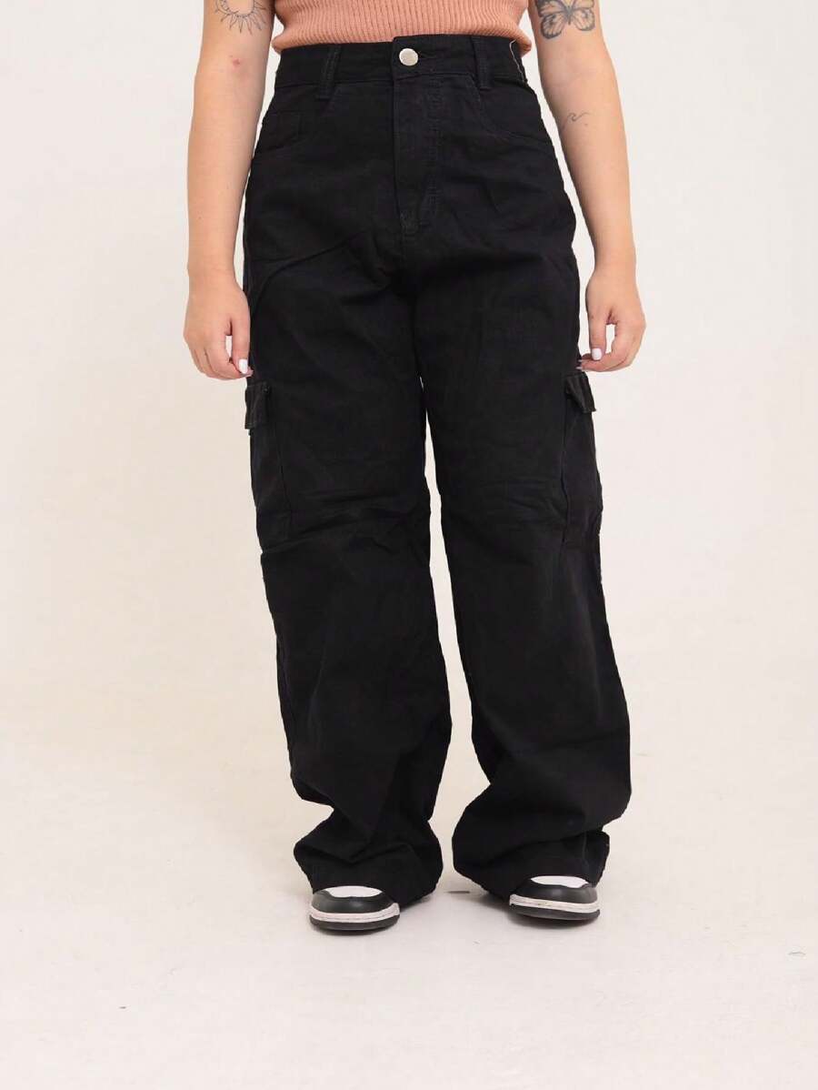 Wide Leg Cargo Jeans - Black - View 1