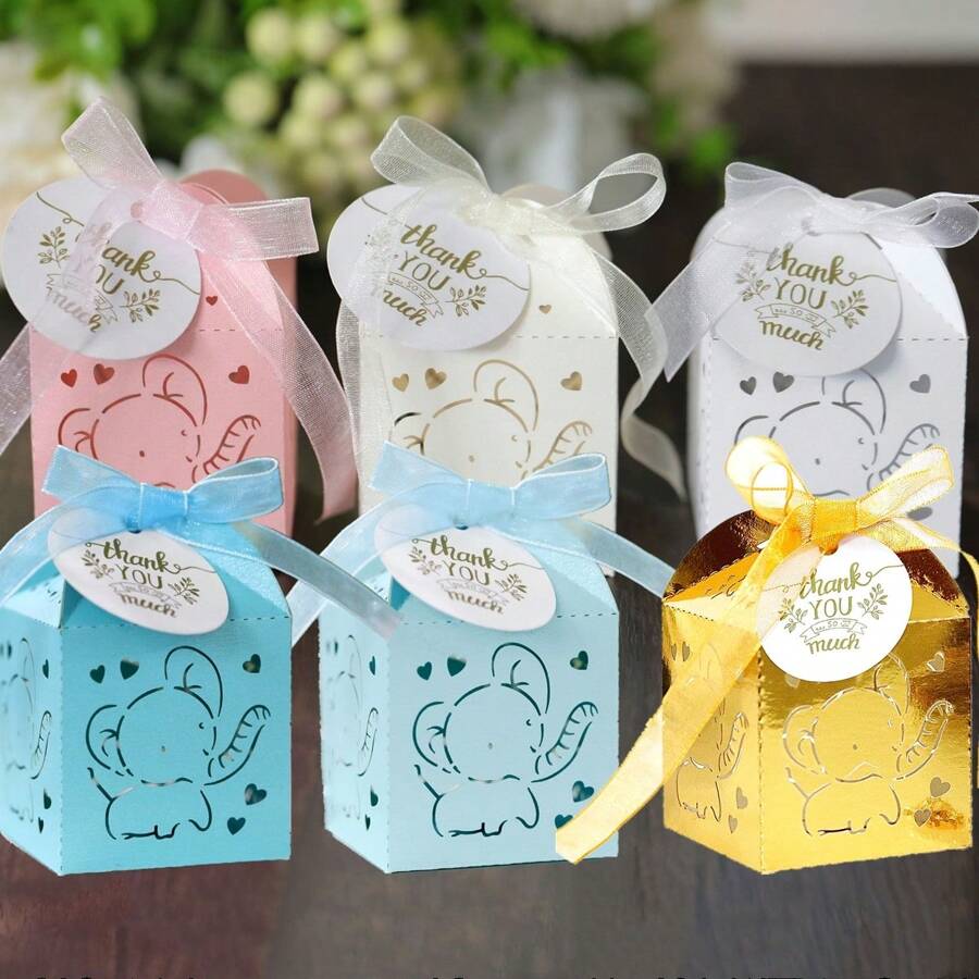 25入組小象造型糖果禮盒，附絲帶和「謝謝您」標籤，尺寸5*5*8cm，適合於洗禮/節日禮品包裝和裝飾 - 彩色 - 查看 1