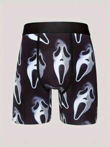 男士长款创意数码印花尖叫图案运动拳击骑行宽松短裤 - 黑與白 - 查看 1