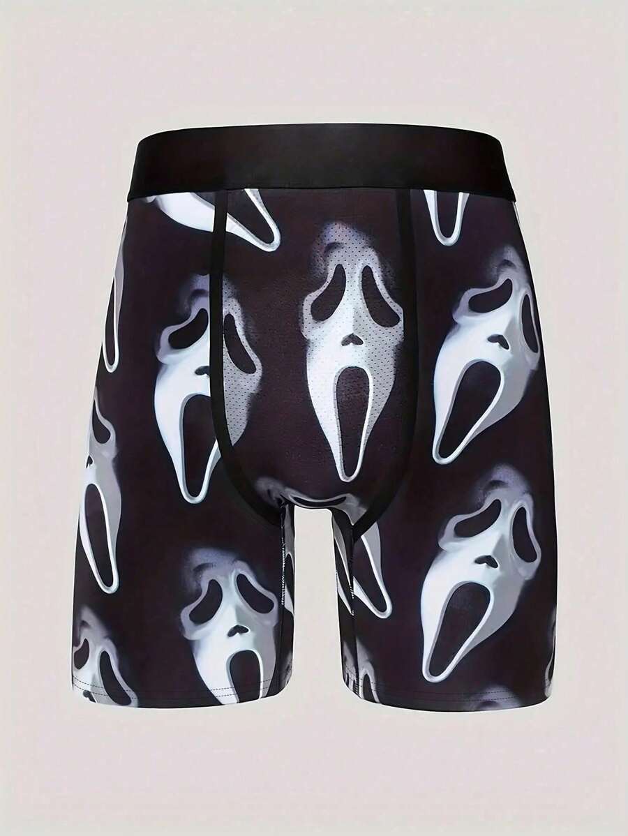 男士长款创意数码印花尖叫图案运动拳击骑行宽松短裤 - 黑與白 - 查看 1
