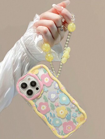 Lanyard Novelty Wavy Phone Case Creamy Transparent Floral And Leaf Pattern Pink Yellow Blue Colorful Oil Painting With Yellow Chain Design, New Arrivals XS/XR/78P/78GES2/Max Phone Case, Compatible With IPhone P15 Pro Max, P14, P13, P12, P11, Shockproof And Protective Soft Shell.