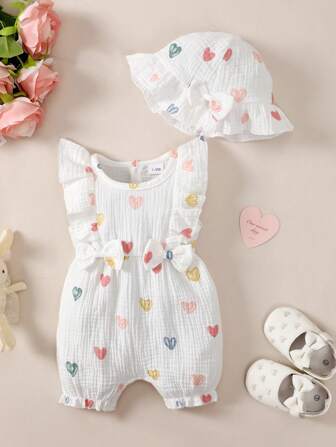 婴儿女孩夏季心形双面蝴蝶结无袖连体衣 + 帽子 2 件套，舒适百搭，春夏季